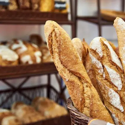 Bread baguettes in a basket in the baking shop