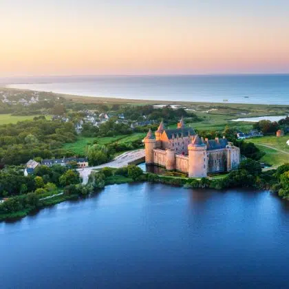 Medieval Suscinio castle, the historical residence of Dukes of Brittany, situated between the Gulf of Morbihan and the atlantic ocean coast, Sarzeau, France