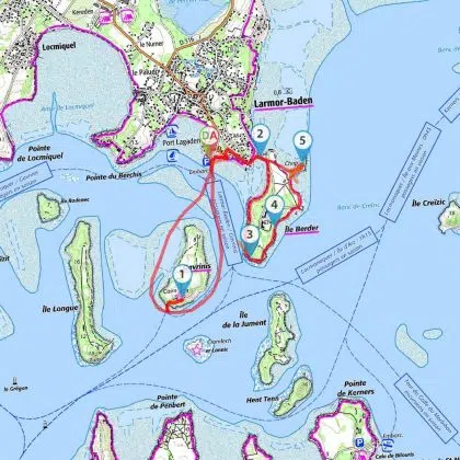 Suivez le circuit de randonnée à Garvinis et à l' Île Berder depuis le camping le Diben à Larmor-Baden dans le Golfe du Morbihan