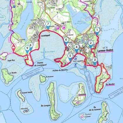 Suivez le circuit de randonnée à Locmiquel et les Sept Îles depuis le camping le Diben à Larmor-Baden dans le Golfe du Morbihan